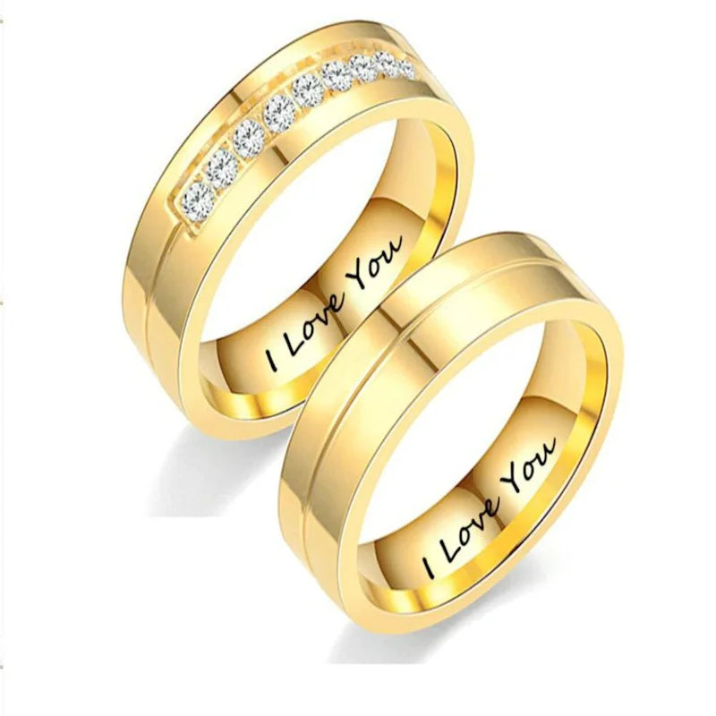 Fashion Jewelry 18k Gold Plated Titanium Steel Diamond Couple Ring I Love You Stainless Steel Wedding Rings for Men Women