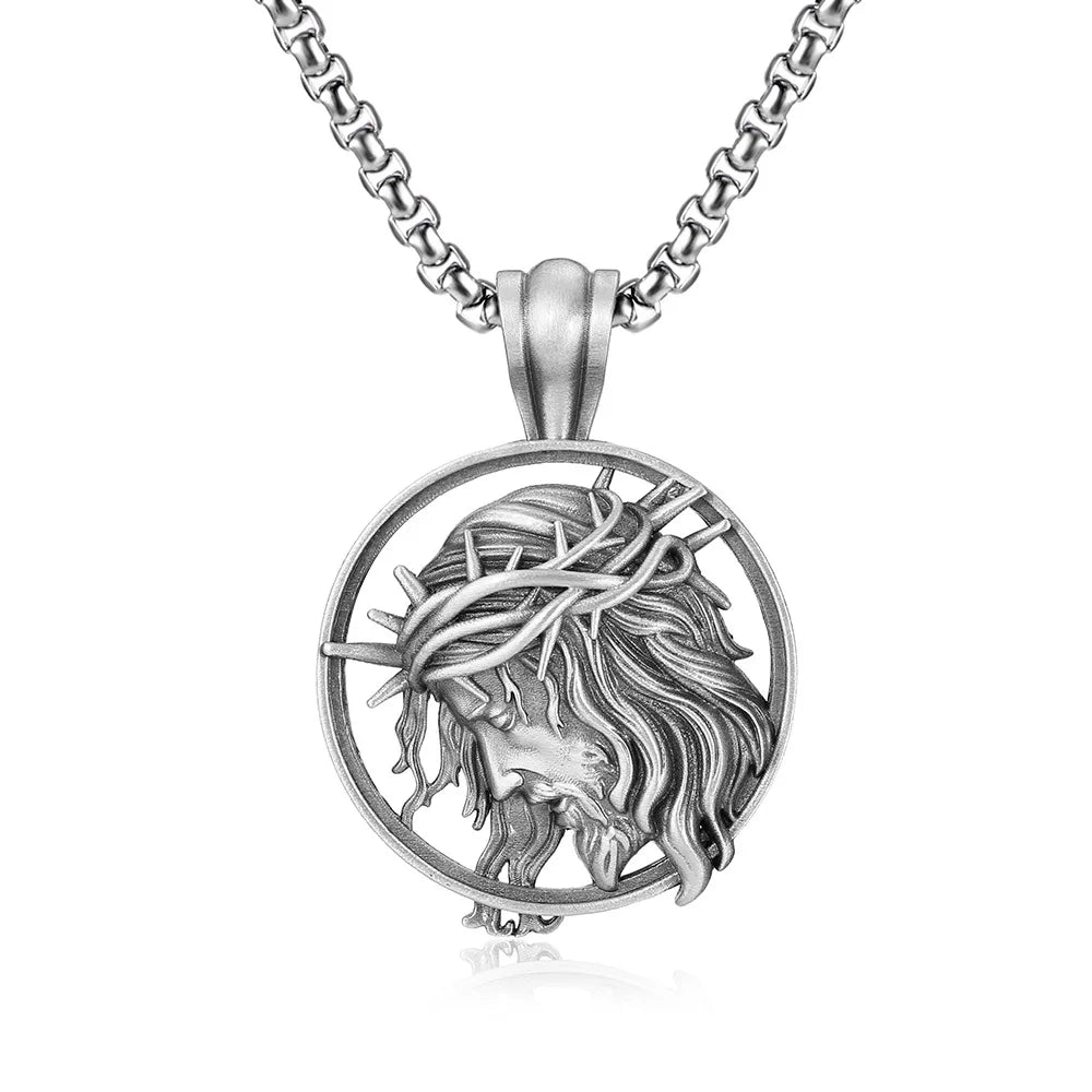 Jesus Head Necklace Christ Head Crown of Thorns Medal Prayer Pendant With Link Chain for Men Jesus With Crown of Thorns
