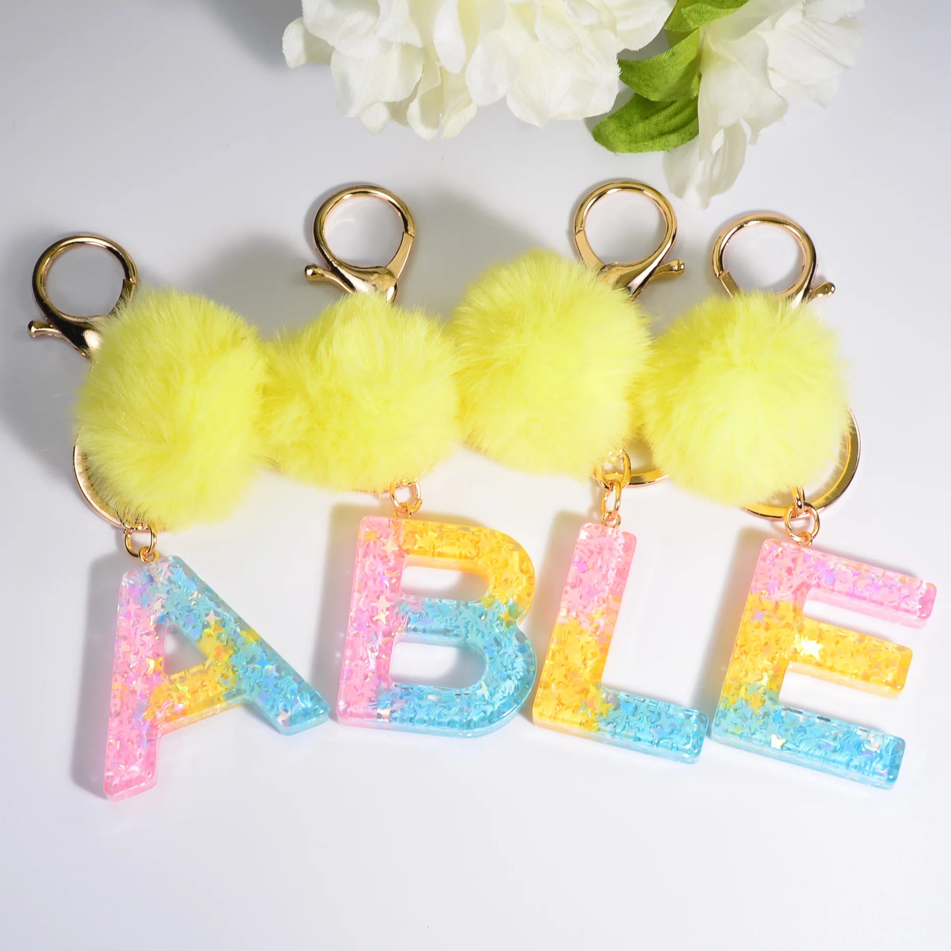 2023 New Trendy Rainbow Color Ball Keychain Bag Simple Pendant Keychain Crystal Epoxy Resin 26 English Letters Tassel Keychain
