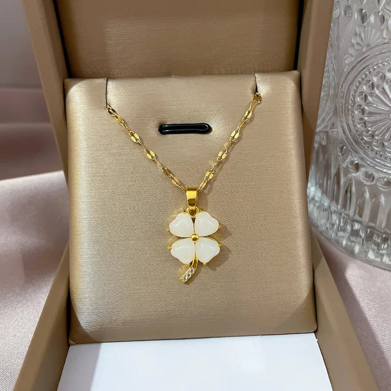 Natural Stone Hetian Jade Stainless Steel Four-Leaf Clover Pendant Necklace Hetian White Jade Women's Clavicle Chain Pendant