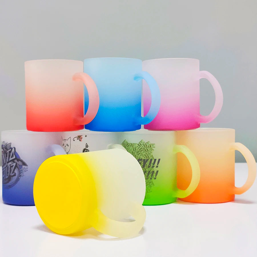 Topjlh Wholesale Sublimation Blanks 11oz Frosted Gradient Color Glass Mug Customized Printed Surface with Handle for Coffee