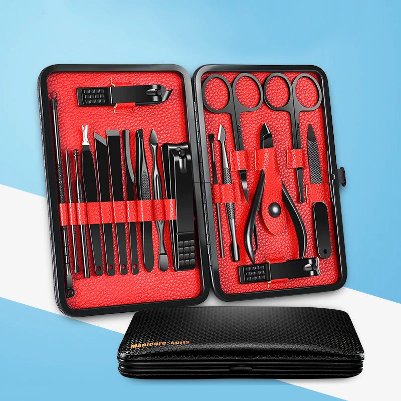 Premium Quality Black Coating Stainless Steel Manicure Set 18 PCS With PU Leather Case