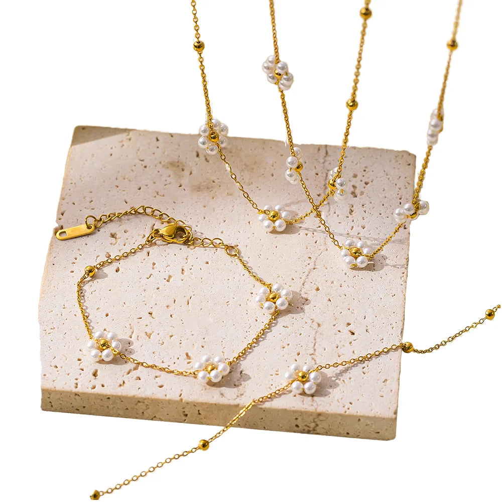 Women's 18K Gold Plated Matte Stainless Steel Necklace Set Korean Style Natural Stone Flower Chain Cute Delicate Pearl Main