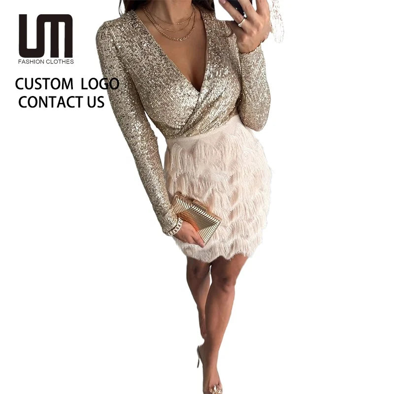 2025 Women Deep V-Neck Cocktail Dress - Short Prom Party Gown with Ruffles Wedding Guest Dress (Wholesale/OEM)