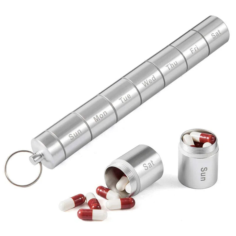High Quality Portable Mini Smart 7 Days Pill Case Aluminium Pill Box  with Keychain