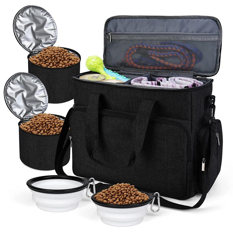 Pet Supply Travel Tote 2 Built-In Bowls Food Storage Organizer Portable Multi-Pocket Bag for Dog Food Travel Essentials