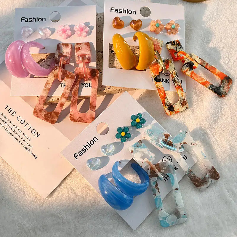 FINETOO Fashion Geometric Flower Heart C- Shaped Earring Set Long Ribbon Acrylic Earrings Jewelry for Women Girls