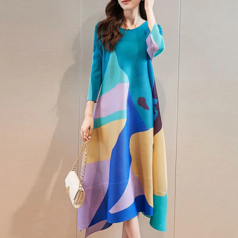 Boutique Wholesale 2026 Spring New Westernized Large Loose Slim Medium Length Split Dress Fashion Print Pleated Dress