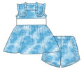 Qingli Oem Fashionable Children Girl Two Piece Set Tie Dye Printed Smocked Tunic Top With Ruffle Shorts Outfit