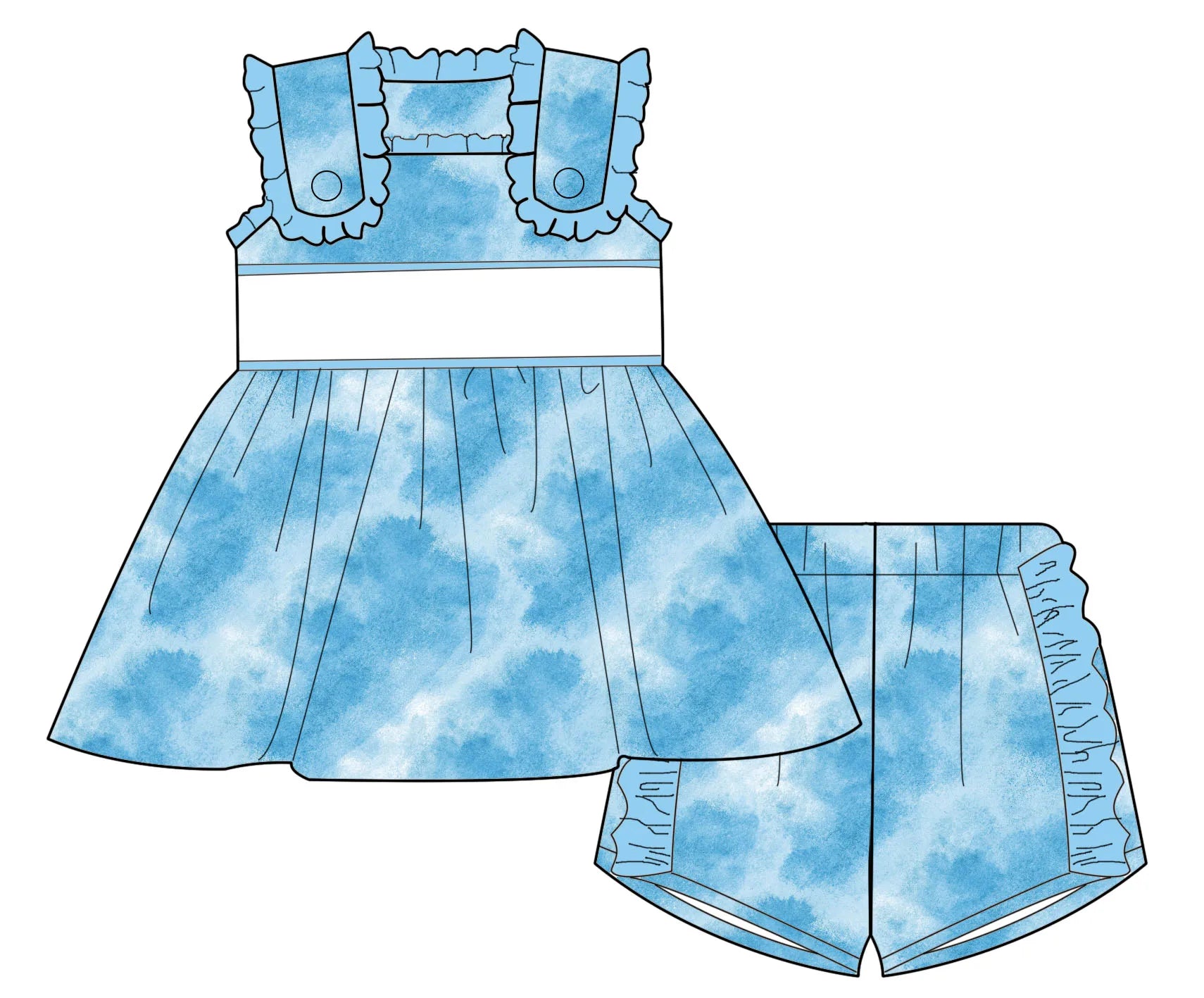Qingli Oem Fashionable Children Girl Two Piece Set Tie Dye Printed Smocked Tunic Top With Ruffle Shorts Outfit