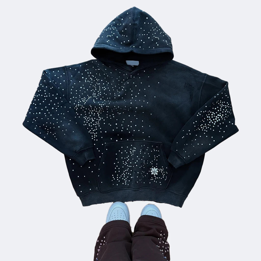 Custom Hoodie 100% Cotton Rhinestone Oversized Drop Shoulder Zip up Heavy Weight Patch Embroidery Streetwear Hoodie for Men