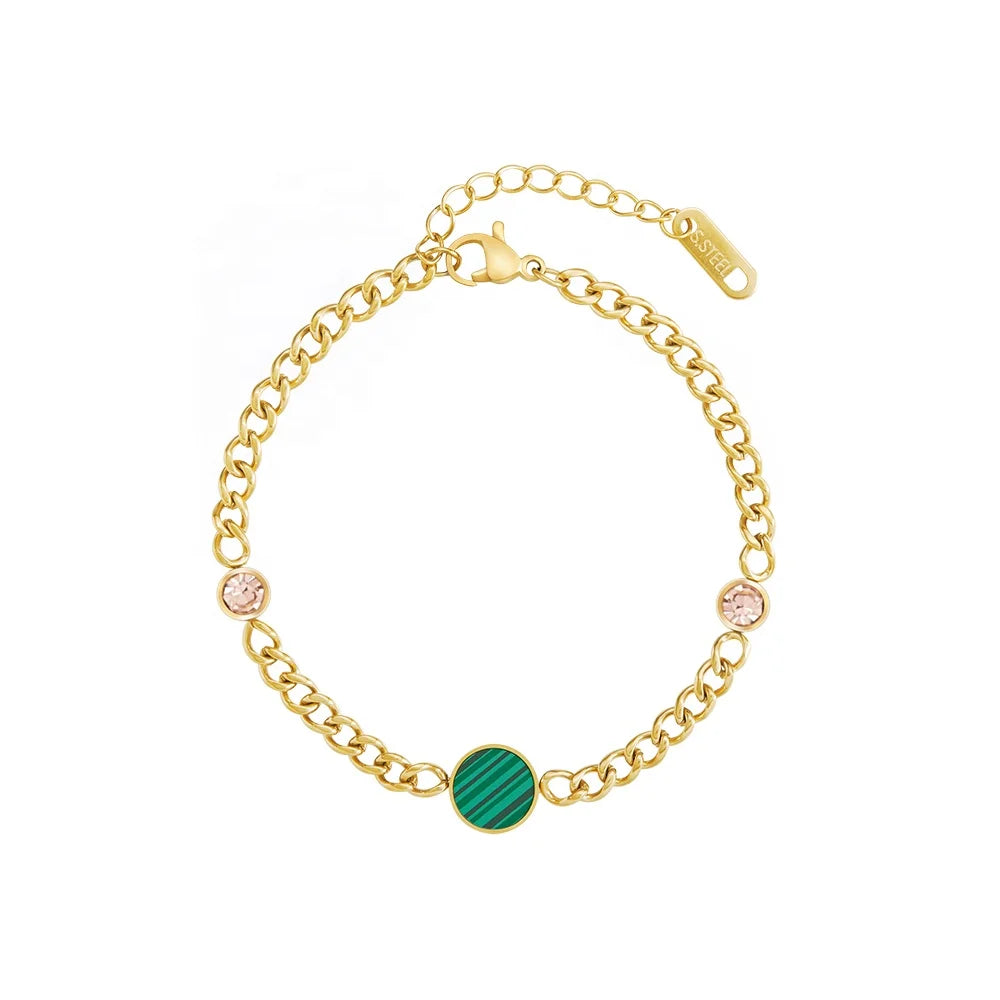 Latest 18K Gold Plated Stainless Steel Jewelry Cuban Chain Green Acrylic Disc Zircon Accessories for Women Bracelets B232340