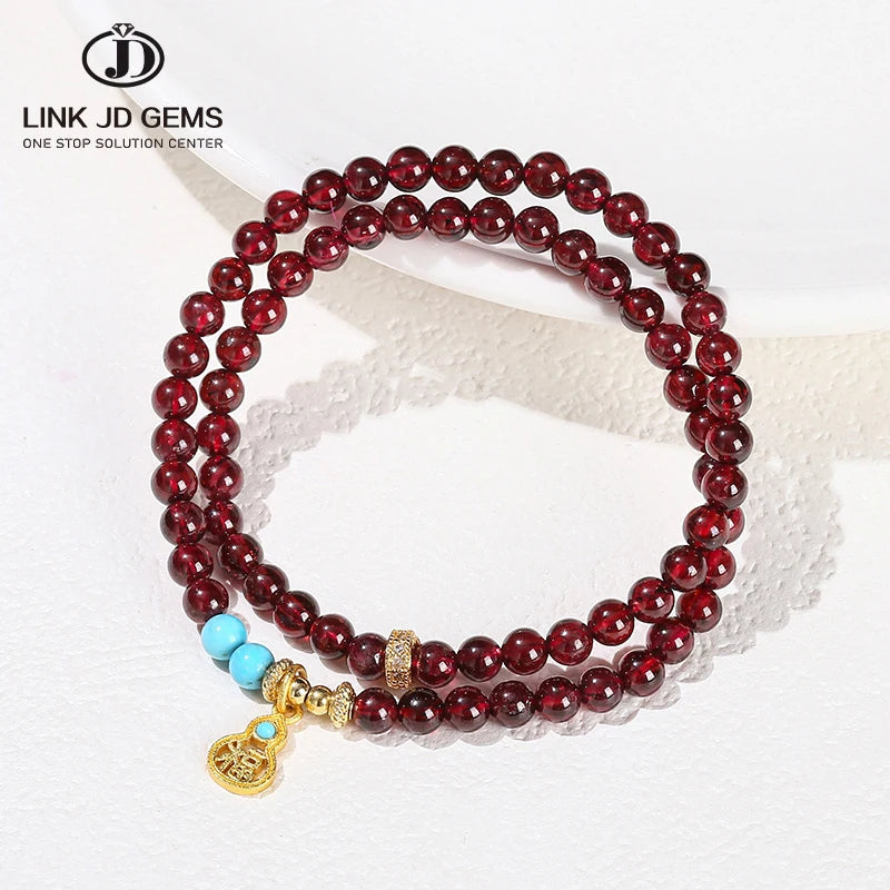 JD GEMS Semi-Precious Round Beads Stretch Bangle 3A Natural Garnet Gourd 2-Layer Charm Bracelet for Couple