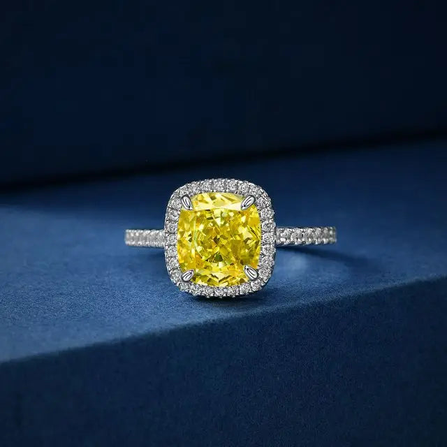925 Sterling Silver Princess Cut Citrine Ring Cushion Cut Cubic Zirconia CZ Statement Halo Engagement Ring