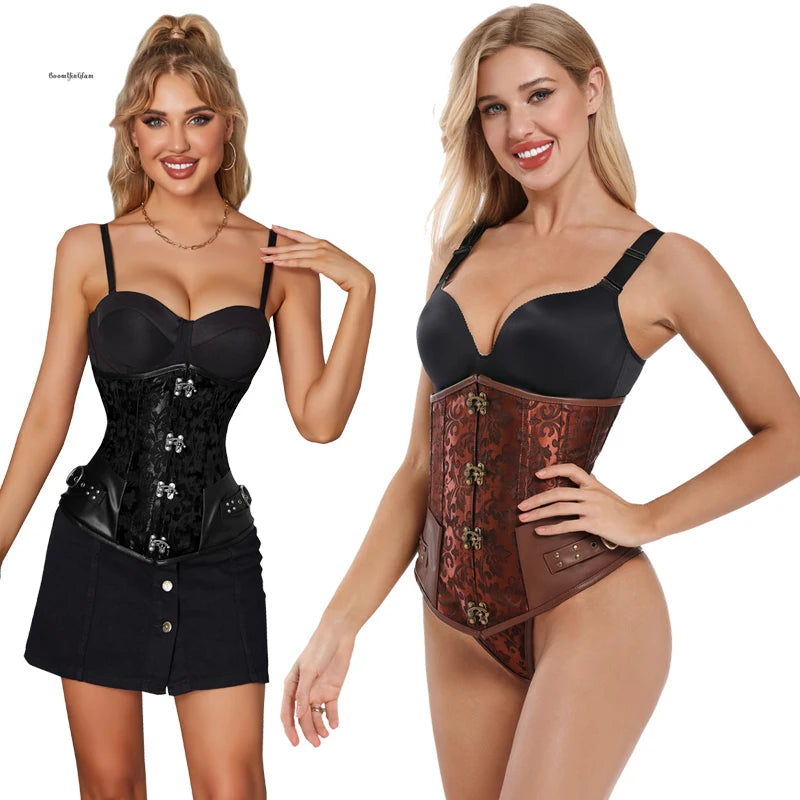 Women's  Brown Black Steampunk Underbust Strapless Front Buckle Steel Boned Renaissance Corset Waist Trainer