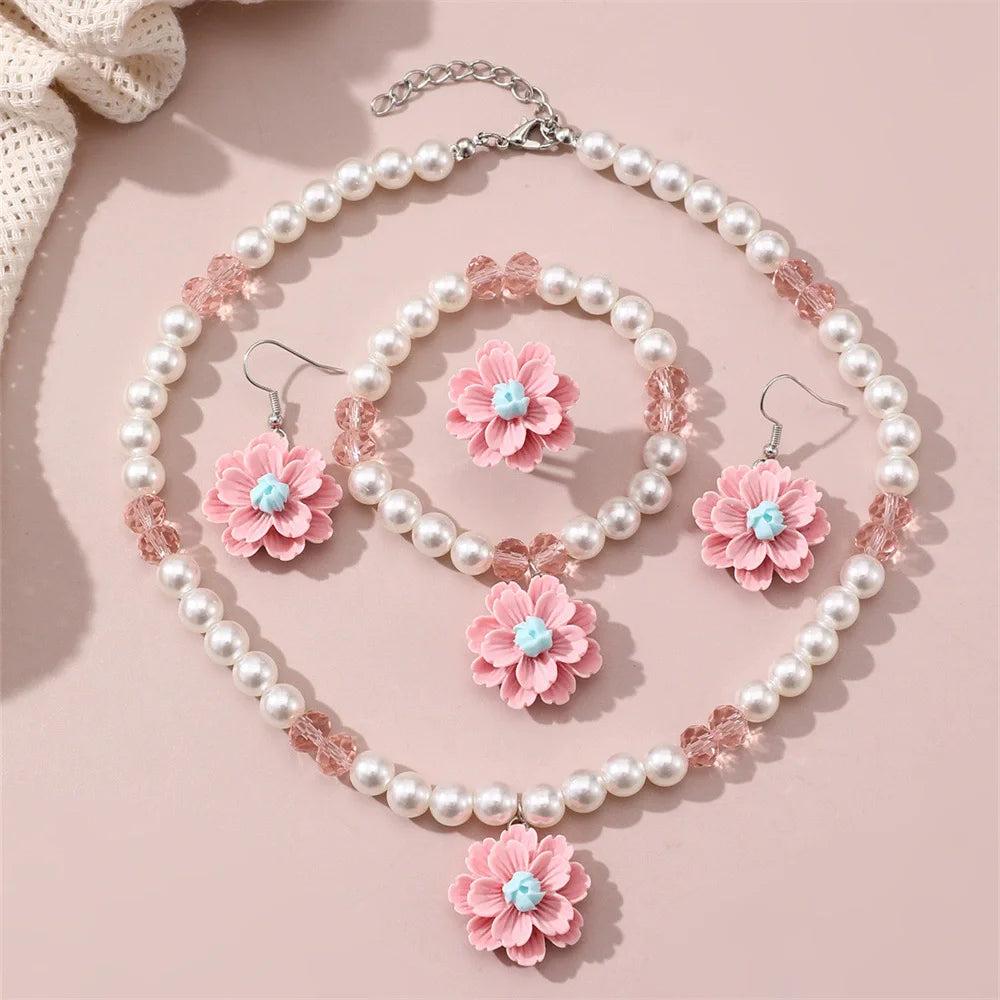 Light Luxury Children's Four-Piece Necklace Set with Sweet Imitation Pearl Flower Pendant Niche Design Plastic Jewelry