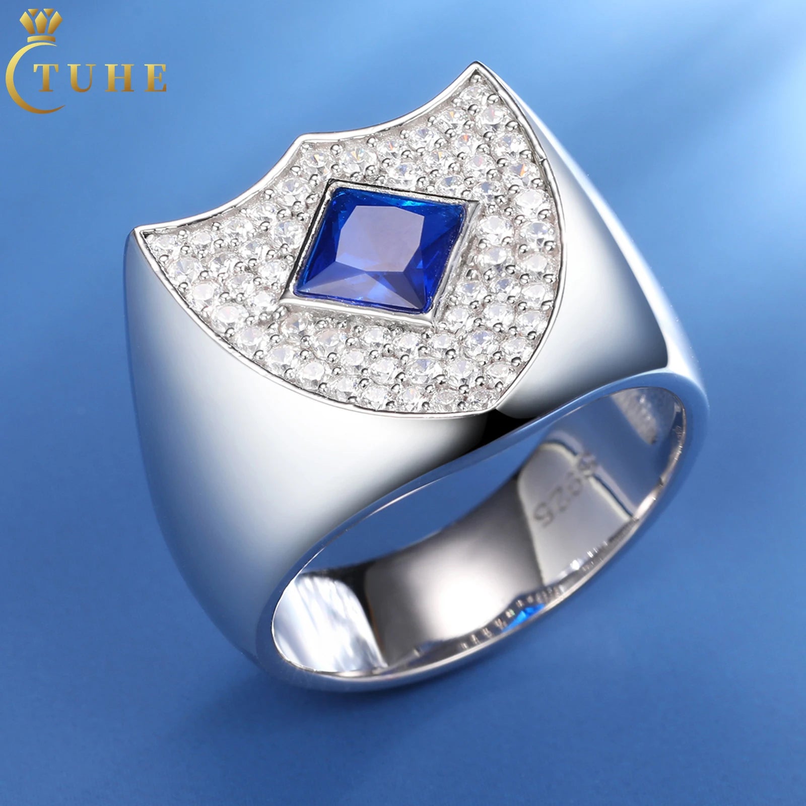 Pass Diamond Tester White Gold 925 Sterling Silver VVS Moissanite Diamond Asscher Cut Blue Gemstone Guard Shield Signet Ring