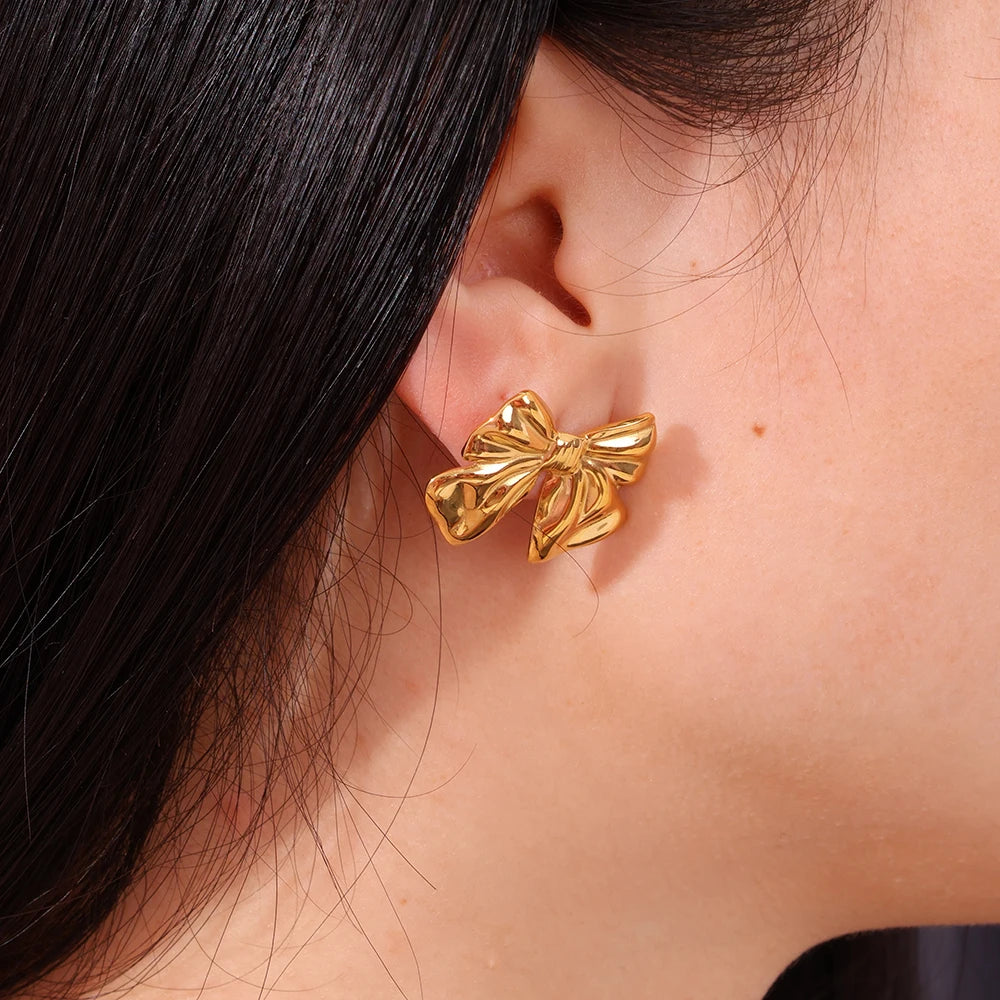 INS Sweety Jewelry 18K Gold Plated Bowknot Earring Fashion Bow Stud Earrings for Girls Waterproof Tarnish Free Hypoallergenic