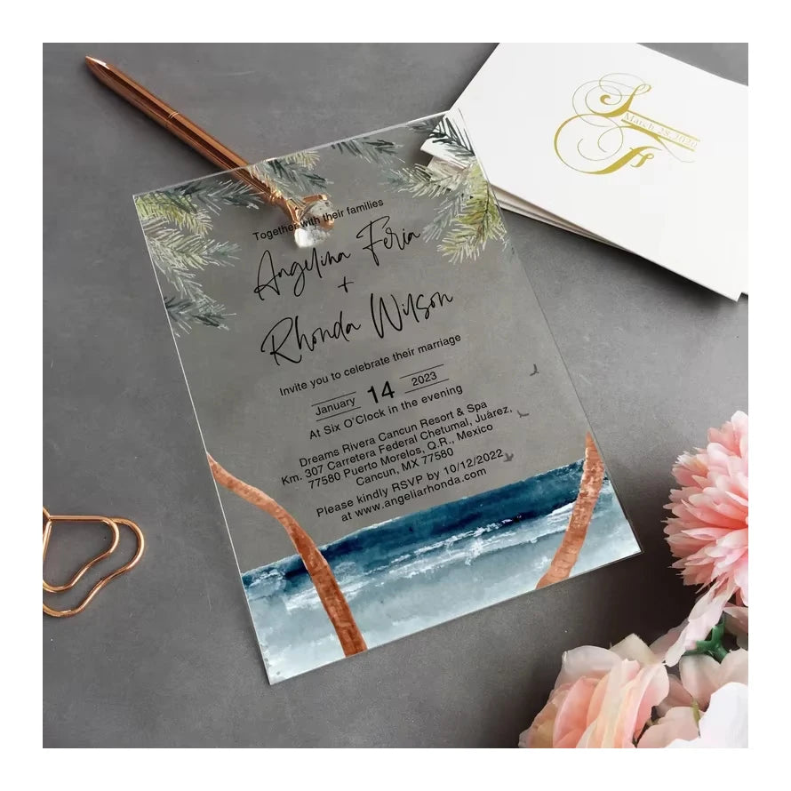 Ocean Acrylic Wedding Invitation Tropical Wedding Invitation Beach Wedding InvitationPalm Leaf Wedding Destination Island