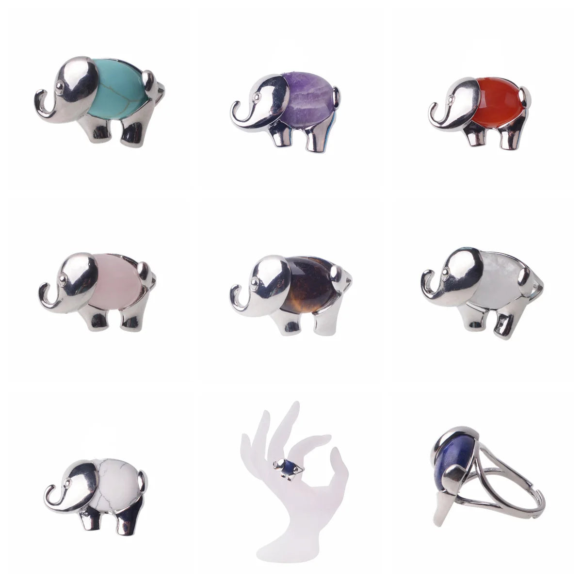 Promotional Silver Elephant Natural Stone Rings Vintage Crystal and Rhinestones Silver  Rings Tribal Accessory for Women Men