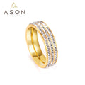 Ason Waterproof 18k Gold Plated Ladies Ring Minimalist Shiny 3 Row Crystal Fluted Stainless Steel Wedding Ring for Women