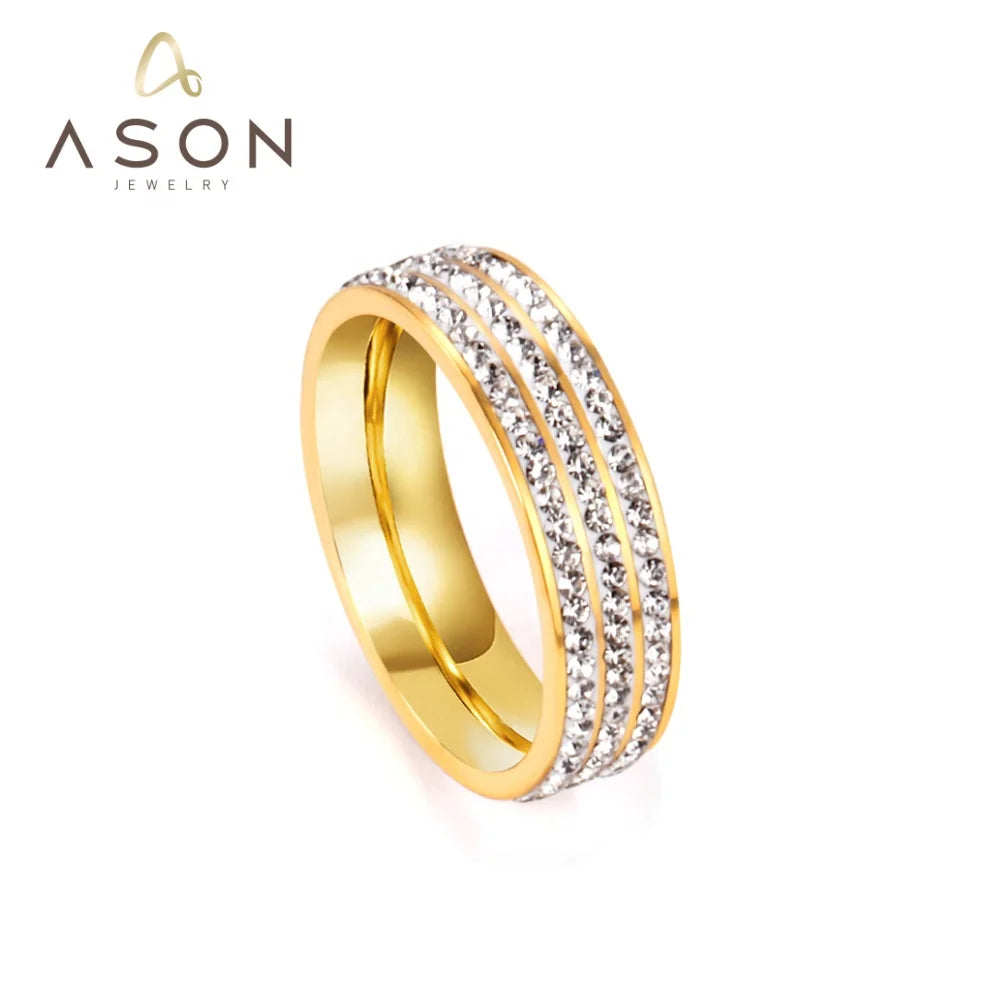 Ason Waterproof 18k Gold Plated Ladies Ring Minimalist Shiny 3 Row Crystal Fluted Stainless Steel Wedding Ring for Women