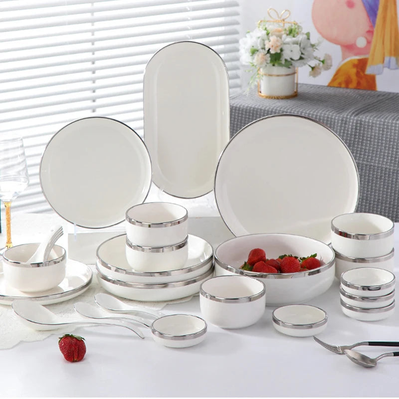 Electroplated Silver Edge White Ceramic Tableware Light Luxury Plate Bowl Ins Style Household Wedding Porcelain Bowl Set