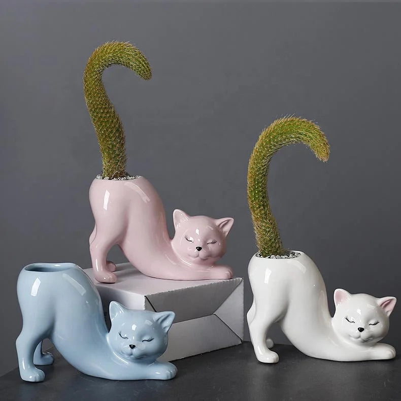Creative Cartoon Animal Cute Cat Tail Glazed Ceramic Planter Abrasion Durable Drainage Hole Home Garden Office Cactus Gifts