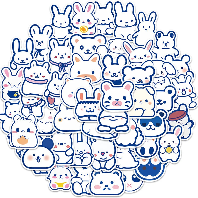 50pcs Cute Cartoon Animals Stickers for Kids Teens Kawaii Blue-Lined Korean Rabbit Graffiti Decals for Water Bottles Phone