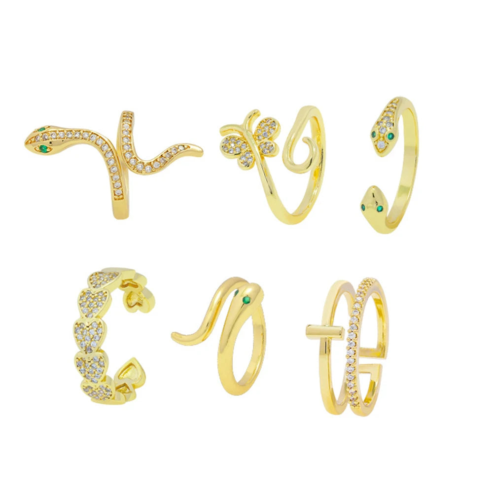 Wholesale Beach Foot Jewelry Set 18K Gold Plated Cubic Zirconia Open Tail Adjustable Toe Butterfly Cross Snake Rings for Women