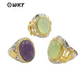 WT-R408 Noble Design Hollow Carved Flower Intricate Craft Rings Round Natural Amethyst Rings Adjustable Natural Stone Rings