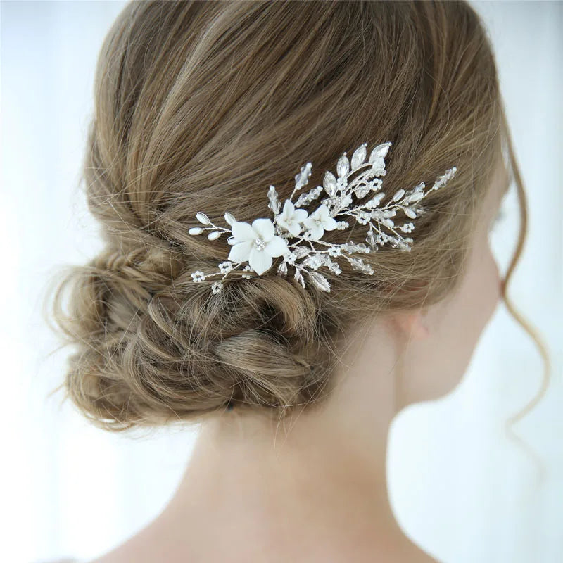 SLBRIDAL Handmade Silver Color Austrian Crystals Rhinestones Flower Wedding Hair Clip Barrette Bridal Headpiece Hair Accessories