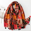 Manufacturer Vintage Bohemian Red Ethnic Style Cashew Hook Flower Printed Shawls for Women Golden Glitter Flower Thin Scarf