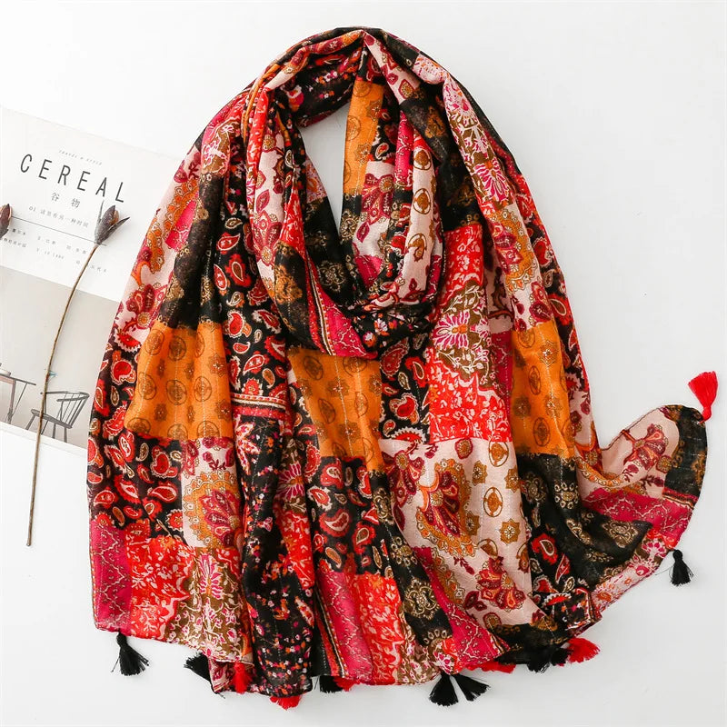 Manufacturer Vintage Bohemian Red Ethnic Style Cashew Hook Flower Printed Shawls for Women Golden Glitter Flower Thin Scarf