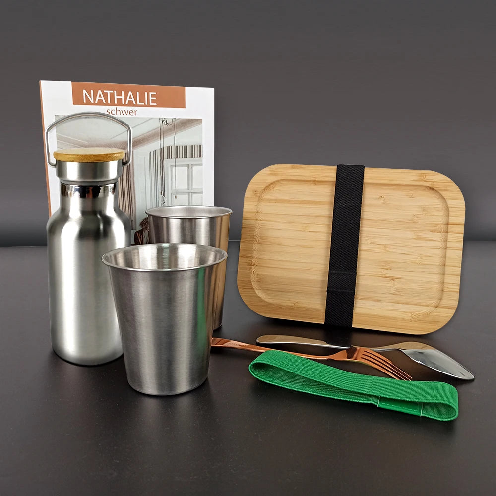 LIHONG Wholesale Bento Box Bamboo Lid 304 Stainless Steel Lunch Box Reusable Vacuum Cups Mug Bottles Set