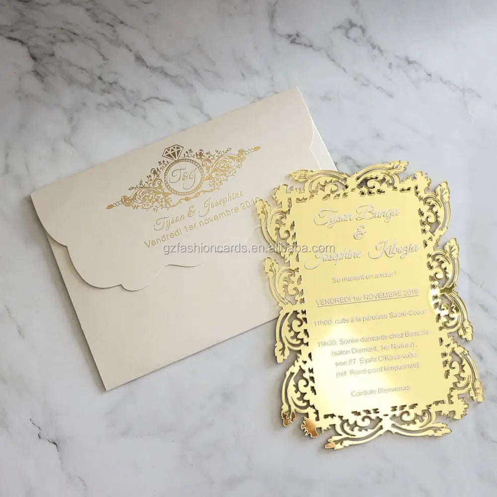 White Foil Printing Laser Gold Mirror Acrylic Wedding Cards Laser Cut Edge Birthday Invitation Cards MegaBDM