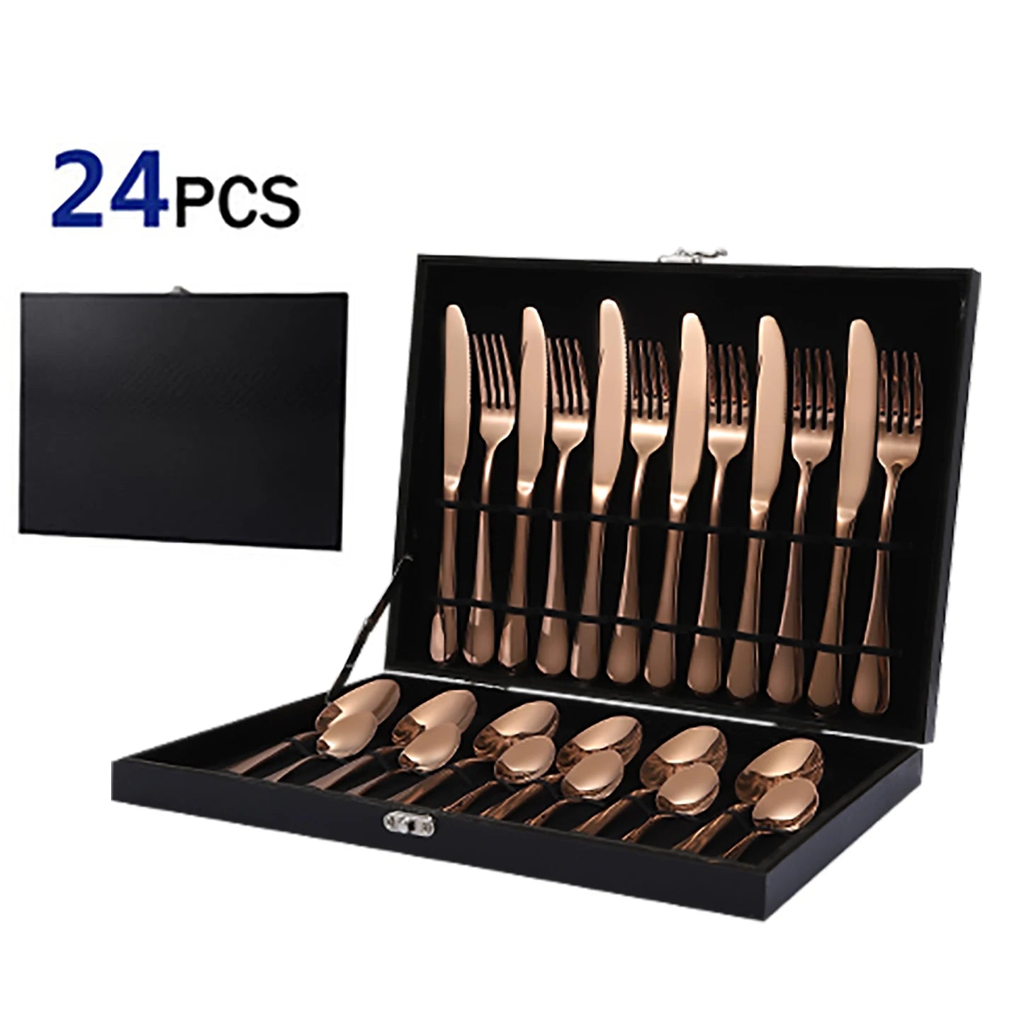 Jieyang Shengde 24pcs Silverware Stainless Steel Spoon Fork Knife Flatware Rose Gold Cutlery Set With Wooden Case