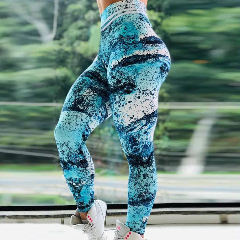 Women High Waist Sports Wave Printing Hips Legging Yoga Pants