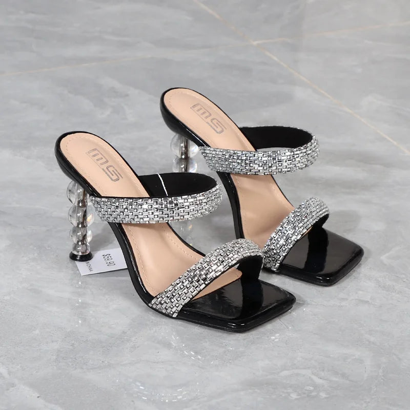 Y Women Sandals High Crystal Heels One-Line Rhinestones Stylish Outdoor Single-Size Ladies Shoes