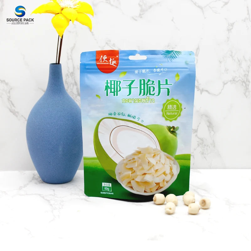 Custom Logo Printed Wholesale Coconut Dry Food Packaging Matte Finish Plastic Stand up Bag with Zipper