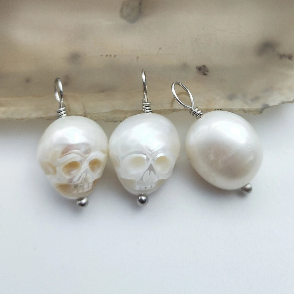 Handmade S925 Sterling Silver Pendant Carved Skull Freshwater Pearl Natural White Loose Gemstone Jewelry Fashion Pendants Charms