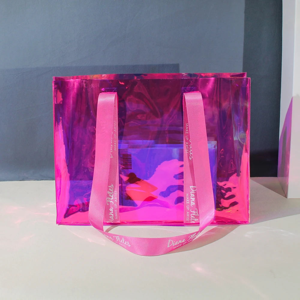 Customized Clear PVC Tote Bags with Geometric Pattern for Pink Stadium Approved Work Sports Bag with Handles Blank Design