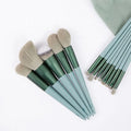 Custom Logo 13-Piece Synthetic Hair Face Makeup Brush Set with Green Plastic Handle and Fabric Bag
