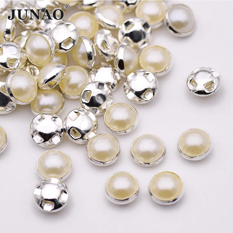 JUNAO Hot Sell 8mm Round Design Sewing White Pearl Buttons With Sli Ver Base Claw Rhinestone Beads for Clothes