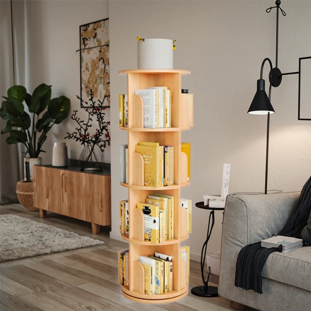 Solid Wood Corner Shelf Floor Mount Storage Shelves Bookcase 360 Rotating Living Room Multi-functional Bookshelf