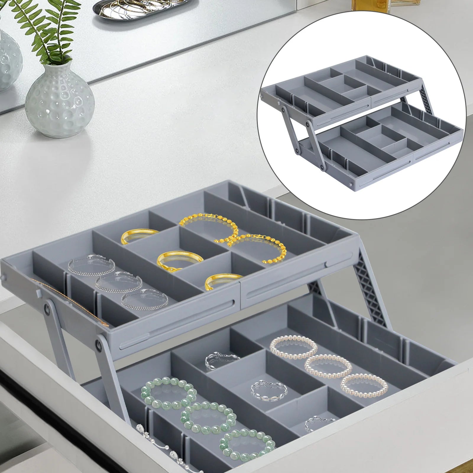 OWNSWING  2and3 Tier Drawer Organiser Foldable Collapsible Desk Organizer Drawer Trays Makeup Drawer Shallow Container