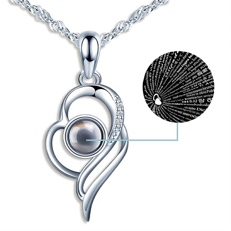 Irregular Hollow Heart Projection Pendant Necklace 100 Languages I Love You S925 Silver Trendy Engagement Wedding Gift for Women