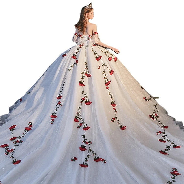2023 Summer New Wedding Dress Temperament Strapless Trailing Wedding Dress Elegant Rose Wedding Dress