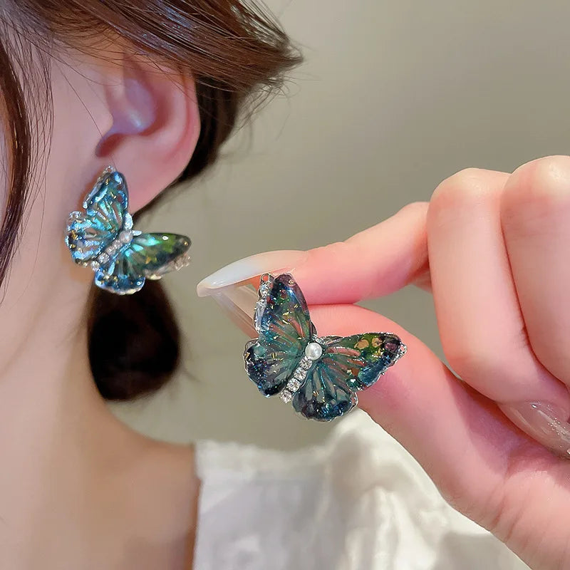 S925 Silver Needle Earrings Creative Design Blue Butterfly Crystal Earrings Fashion Jewelry Women Earrings for Gift