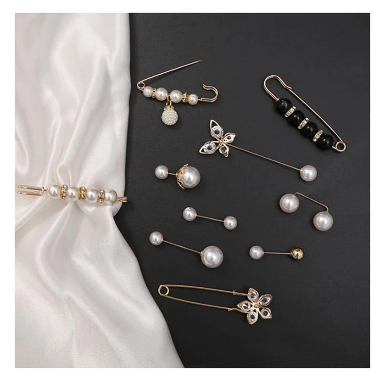 Wholesale Eco-friendly Metal Women's Wedding Brooch Pin Set with Pearl Crystal Design for Hijab Adjustable Pants Size